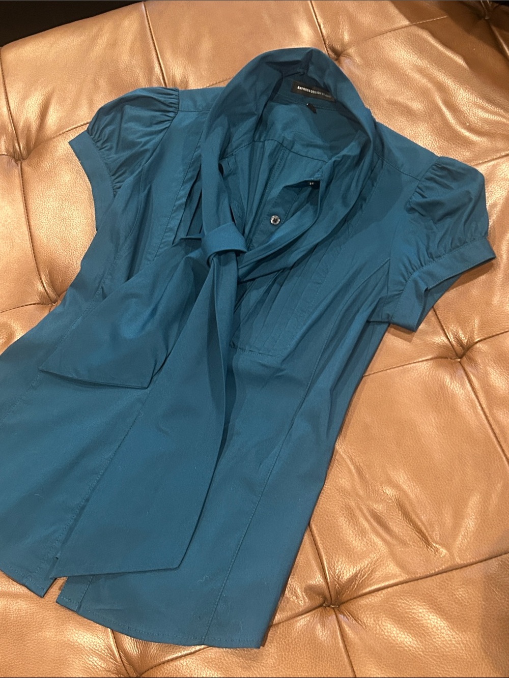 Express Teal Tie-Neck Puff Sleeve Blouse